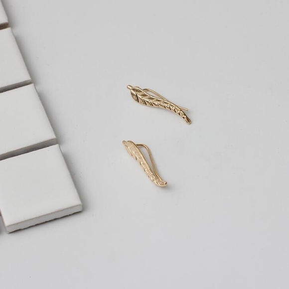 Gold Feather Leaf Stud Earrings - Picture 3 of 8